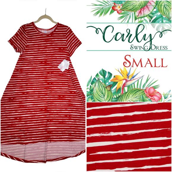 LuLaRoe Carly Dress Small Brushstroke Stripes Red White Hi-Low A-Line Swing - Picture 9 of 9